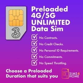 Three UK Data Sim Card Preloaded with UNLIMITED 4G/5G Data. No Contracts, No Commitments, No Credit Checks, No Tie-ins, No Personal ID. (Valid for 1 Month)