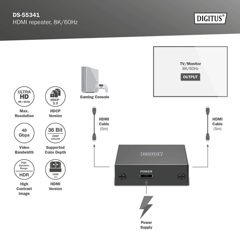 DIGITUS HDMI Repeater - UHD 8K/60Hz 10m - UHD 4K/60Hz
