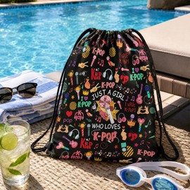 Onperpoe K Pop Drawstring Bags, Kpop Gym PE Bag for Sport, Travel, School, Gifts for Girls K-pop Fans Korean Music Lovers, String Bag for Beach Swimming Pool (B)