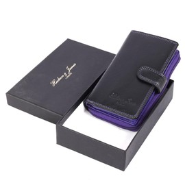 Hudson & James Ladies RFID Safe Designer Real Leather Purse Card Women Wallet Zip Coin Pocket Boxed (Purple)