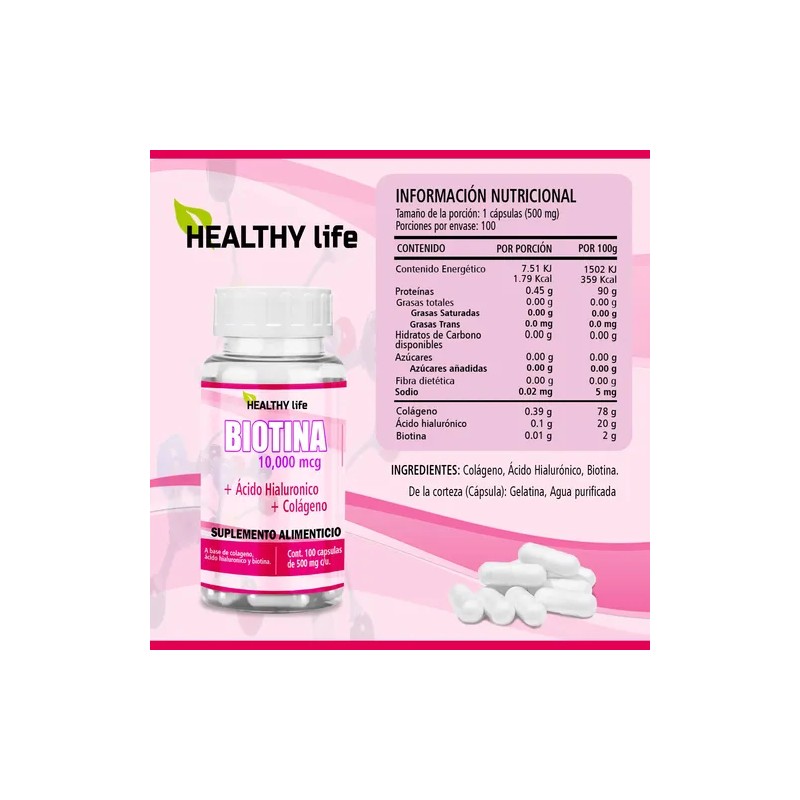 Healthy Life Biotina 100 Caps. Crece Cabello Piel Y Uñas