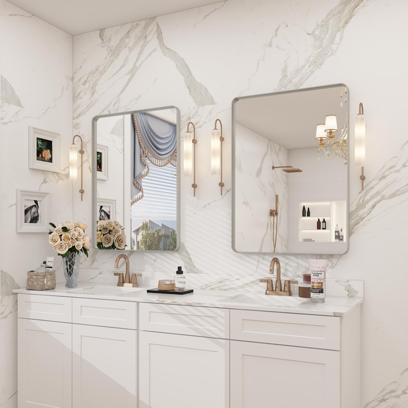 CHARMOR 24x32 Inch Brushed Nickel Bathroom Mirror, Rounded Rectangle Silver