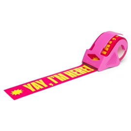 Decorative Packing Tape with Pink Dispenser – Yay I’m Here! Pink & Yellow, 1.88" x 22.2 Yards – Cute Printed Shipping Tape for Gifts, Small Business Essentials, and Mailers