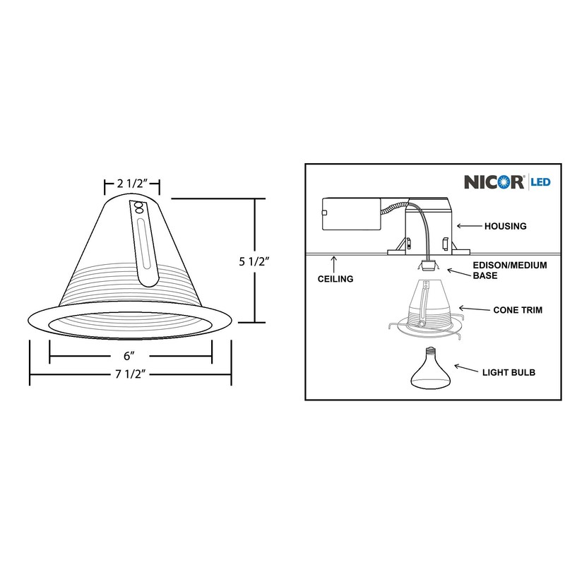 NICOR Lighting 6 inch White Airtight Recessed Cone Baffle Trim,