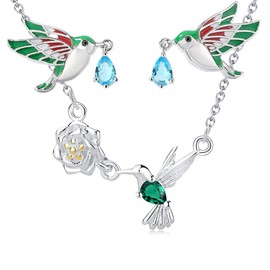 Collar y aretes de Colibrí mujer cadena dije chapado en Plata Ley 925 regalo dama novia esposa amiga hermana - INLCUYE CAJA DE REGALO