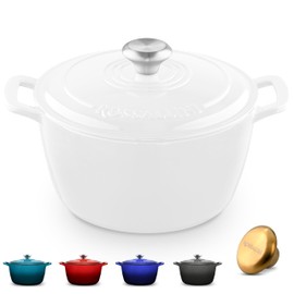 ROSSALLINI Signature Enameled Cast Iron Dutch Oven, Non-Stick Serving Pot with Tight Fitting Lid for Perfect Roasting, Baking, Sauteing, and Bread Making | 5.5Q (5.2L) - White