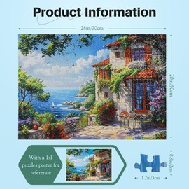 MISITU 1000 Pieces Jigsaw Puzzles for Adults Seaside Beach Impossible Hard Difficult Challenging Teens Jigsaw Puzzle 70 x 50 cm with Reference Poster