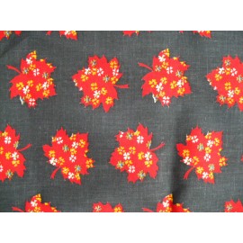 Unbranded Red Maple Leaves Leaf Fabric BTY Gray Woven Fall Autumn Floral Canada Vtg 70s