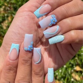 ITPOYOL 3D Flower Nail Art Charms Dark Light Blue Nail Charms for Acrylic Nails Gold Silver Pearls Nail Supplies Rhinestones Spring Blossom Gems Nail Accessories for Women DIY Nail Decorations Design