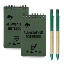 Guegine 2 Pack Waterproof Notebook with Top-Spiral,2.99×5in Mini Waterproof Notepad with 2 Kraft Paper Pens,for Outdoor Home Office School (Green)