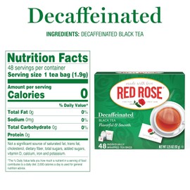 Red Rose Naturally Decaffeinated Black Tea, Smooth & Flavorful Decaf for Iced or Hot Tea in Bulk, Gluten-Free, 6 Pack of 48 Individually Wrapped Teabags