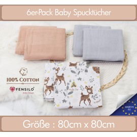 FENSILO Molleton Cloths, Pack of 6 Flannel Nappies Made of 100% Cotton, 80 x 80 cm, Molleton Nappies, Burp Cloths, Flannel Molleton Cloth, Unisex Burp Cloths for Boys or Girls, Pink Animal Grey