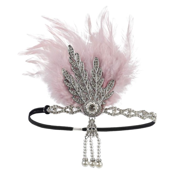 Vintage Flapper Headband Daisy Buchanan Costume Great Gatsby Leaf Tiara Headpiece 1920's Fancy Hair Accessory (6068#Silver+Pink)