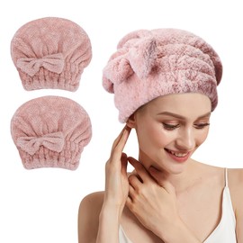 Toplive Towel Cap, Hair Dry Cap, Set of 2, Dry Cap, Quick Drying, Water Absorbent, Hair Towel, Hair Towel, Shower Cap, Bath, Facial Wash, Gym, Bowknots, Cute, Hair Towel Cap, Hair Turban, Hat, Towel,