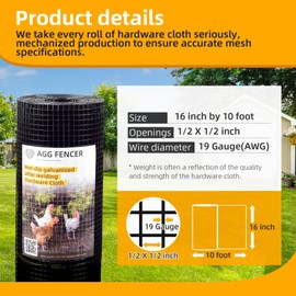 AggFencer 16in x 10ft Black Hardware Cloth 1/2 inch 19Ga PVC Coated Wire Mesh Vinyl Coated Fence, Welded Metal Chicken Wire Fencing Roll, Garden Plant Fencing, for Chicken Coop and Home Improvement