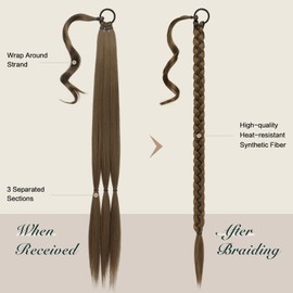 FESHFEN Long Braided Ponytail Extensions with Hair Tie, 26 inch Light Brown Straight Wrap Around Hair Piece Ponytails for Women Syntheti Pony Hairpieces for Daily Wear
