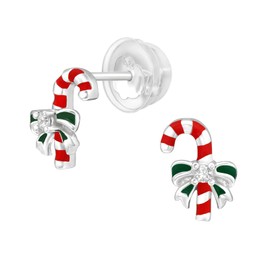 Bungsa® Children's Candy Cane Stud Earrings 925 Sterling Silver with Crystal, Sterling Silver, Cubic Zirconia