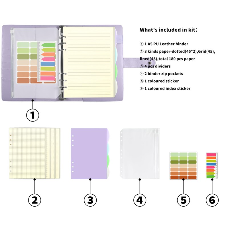 Mlife A5 Refillable Ring Binder, with 180 Sheets Refill Paper,A5