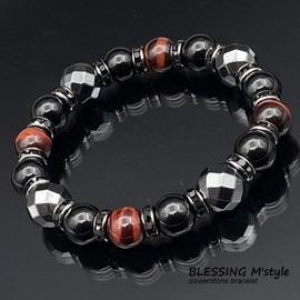 Blessing M'style Men's Natural Stone Bracelet, Good Luck, Luck for Work, Power Stone Bracelet, Red Tiger Eye, Onyx and Hematite Power Stone, Bracelet with Original Drawstring, Gemstone, tiger's eye