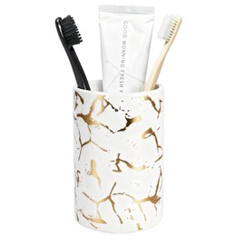 Gold Marble Bathroom Toothbrush Holder, Bathroom Black and White Ceramic Toothbrush Holder, Modern Toothbrush Box, Used for Bathroom countertop Storage Rack, Gold Marbling Bathroom Decoration (White)