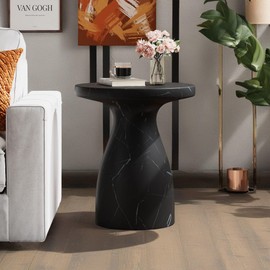 Christopher Knight Home Jayme Outdoor Side Table, Round Top Patio End Table Garden Stool, Lightweight Concrete Decorative Accent Table for Patio Balcony Beach Pool Side, Black Marble Finish