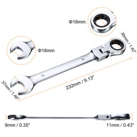 HARFINGTON 2pcs Flex-Head Ratcheting Wrench 18mm 180° Rotating Head Metric Ratchet Combination Wrenches 72-Teeth Chrome Vanadium Steel Open End Ratchet for Fasteners Nut Bolt