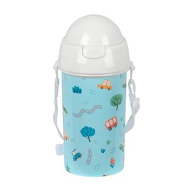 Safta PREESCOLAR COCHES Self-Opening Water Bottle with Straw, Water Bottle, BPA-Free, with Shoulder Bag, Comfortable and Lightweight, 500 ml, 7.3 x 19.5 cm, Blue, M, Casual, blue, Casual