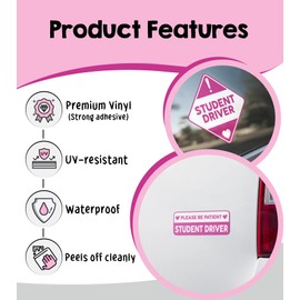 Sticky Expressions | (3 Pcs) Student Driver Stickers for Car – Strong Adhesive, Waterproof and UV Resistant Cute Student Driver Sticker. Perfectly Sized New Driver Stickers for Maximum Safety