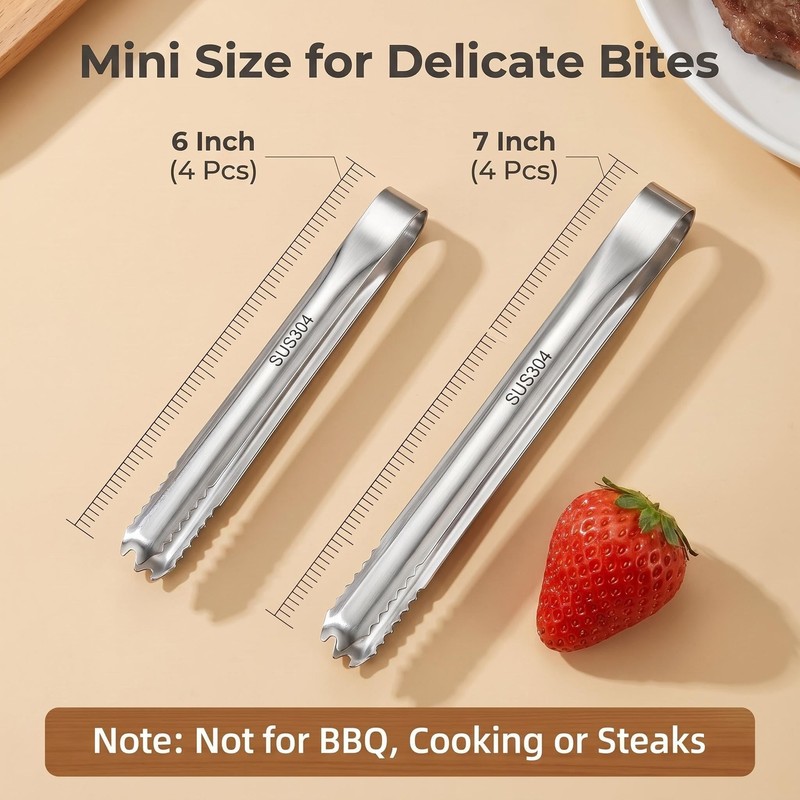 Small Serving Tongs Set of 8, Stainless Steel Tongs, 6