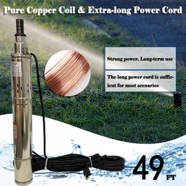EQCOTWEA 3 Inch Deep Well Pump 262FT Head Submersible Well Pump New Screw Impeller Water Well Pump Stainless Steel Electric Water Pump for Farmland Irrigation/Industrial/Home 49FT Power Cord 110V