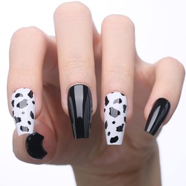 MqpQ Black Cow Print Press On Nails Medium Coffin Fake Nails Art Pattern Design 24pc Glossy Full Cover False Nails For Women