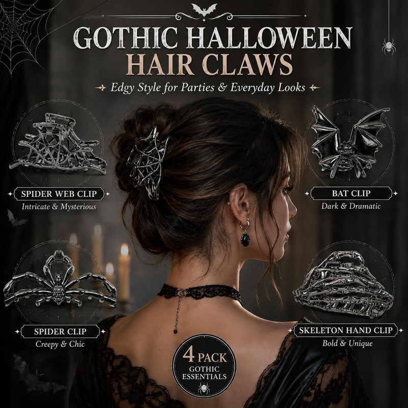 4PCS Gothic Hair Claw Clips, Spider Bat Skull Designs for