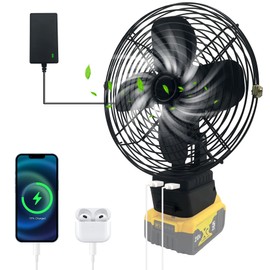 byczone Portable Jobsite Fan for Dewalt 20v Battery and direct power supply using battery charger Cordless Works Fan Battery Portable Fan with Low Voltage Protection, USB Port (No Battery), 8 inches | byczone