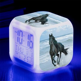 Alarm Clock Horses Animal Alarm Children Illuminated LED Night Glowing Alarm Clock with Light Wake Up Birthday Gifts for Adults (N)