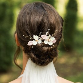 PRETTYLIFE Bridal Pearl Flower Hairpins Set 2pcs Wedding Pin Leaf White Floral Gold Vine Hair Pieces Accessories for Women Party