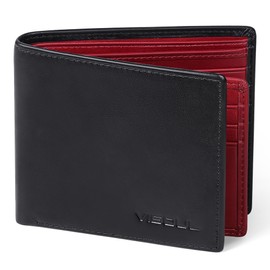 VISOUL Men's Leather Wallet with ID Window, RFID Protection, Genuine Leather Wallet for Men, Black + red