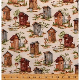 FlashPhoenix Quality Sewing Fabric – 100% Cotton Nature's Calling Outhouses Bathrooms Fabric Print by The Yard Size: 36" x 44"