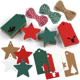 Christmas Gift Tags, Pack of 200 Gift Tags Star, Christmas Tags Paper with 30 m Jute Cord, Labels for Labelling, Kraft Paper Tags for Gifts, Christmas Trees Bottles