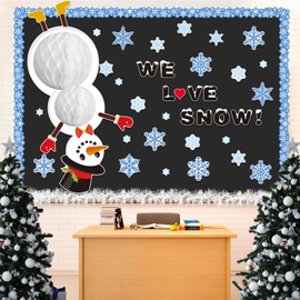 Fuutreo 62 Pcs Winter Bulletin Board Decoration Christmas Snowman 3D Honeycomb Paper Bulletin Board Set Snowflake Religious Paper Cutouts for Winter Xmas Holiday Party Church Classroom Decor