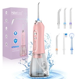 H2ofloss Water Dental Flosser Teeth Cleaner Pick, H2ofloss Cordless Portable Oral Irrigator,5 Mode IPX7 Waterproof Teeth Picks 300ML Rechargeable WaterFlosser for Home Travel (Pink)