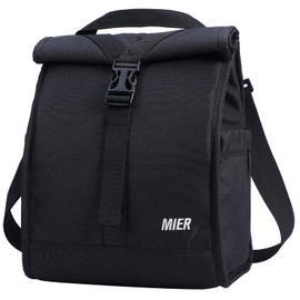 MIER Lonchera aislada enrollable para mujeres, hombres, adultos, plegable, con correa para el hombro, para trabajo, oficina, picnic, soporte para botella de agua, color negro
