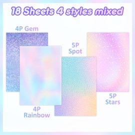 Phinus 18 Sheets Holographic Sticker Paper, Self Adhesive A4 Holographic Laminate Sheets, Transparent Waterproof Holographic Paper with 4 Styles (Gem, Dot, Rainbow, Star Patterns)