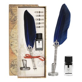 PATIKIL 26cm/11 Carved Feather Pen Set, Vintage Quill Pen with Ink Set 5 Replacement Nibs Stand Base for Calligraphy Writing Dip Pen Wedding Gifts, Dark Blue