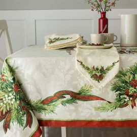 Benson Mills Christmas Ribbons Engineered Printed Fabric Tablecloth, 52-Inch-by-70 Inch