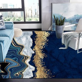 Modern Contemporary Aesthetic Navy Blue Gold Marble Abstract Area Rug 5x7 Minimalist Abstract Rug for Livingroom Bedroom Diningroom Indoor Floorcover Carpet