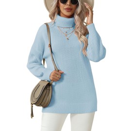 Jouica Womens 2025 Fall Turtleneck Oversized Long Batwing Sleeve Cream Sweater Dress Tunic Pullover Knit Dresses,Light Blue,Large