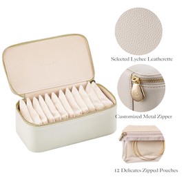 Vlando Travel Jewelry Box Organizer - 12 Small Velvet Zipped Pouches Pockets for Jewelries Necklaces Rings Earrings Sorting Storage, Offwhite