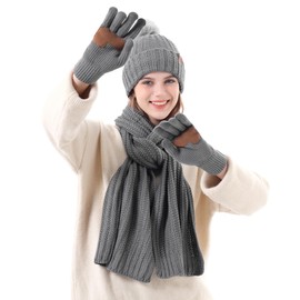 Valkgard Winter Hat And Scarf Gloves Set For Women, Womens Warm Knit Pom Thermal Hat Long Scarves Touchscreen Glove Set