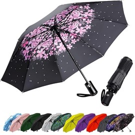 SIEPASA Compact Travel Umbrella - Windproof Auto Open/Close, Lightweight Folding Umbrella wIth Fiberglass Frame & Waterproof Canopy. Fits Backpack/Purse. (Pink Cherry Blossom)