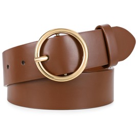 XZQTIVE - Cinturón de piel para mujer, con hebilla de círculo, color dorado, cinturón de cintura para mujer, para jeans, vestidos, Café, Small: fits waist from 25"-29"